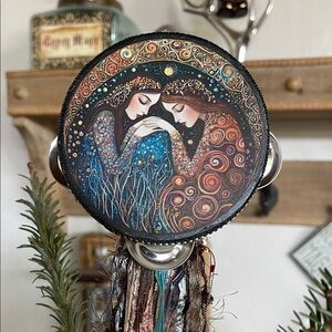 Artistic Tambourine with Mystical Sisters Design and Heart Hand Charm